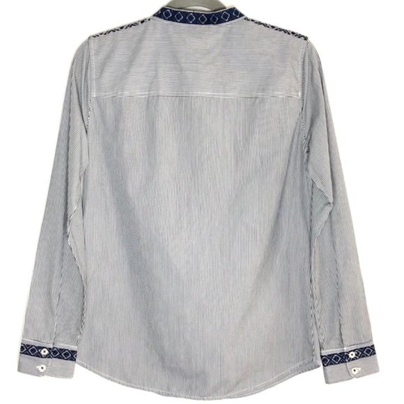 New C Wonder Embroidered Striped Collarless Button Down Shirt Indigo Size XS - Picture 10 of 16